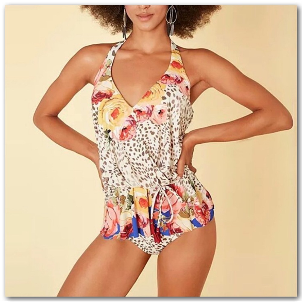 Johnny Was Oksana Leopard Floral Print Halter Wrap Tankini Top - Picture 2 of 12